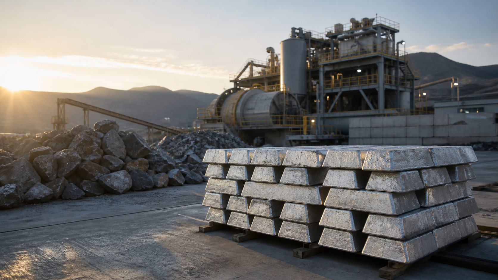 Editorial illustration of antimony ore, metal ingots, and industrial processing