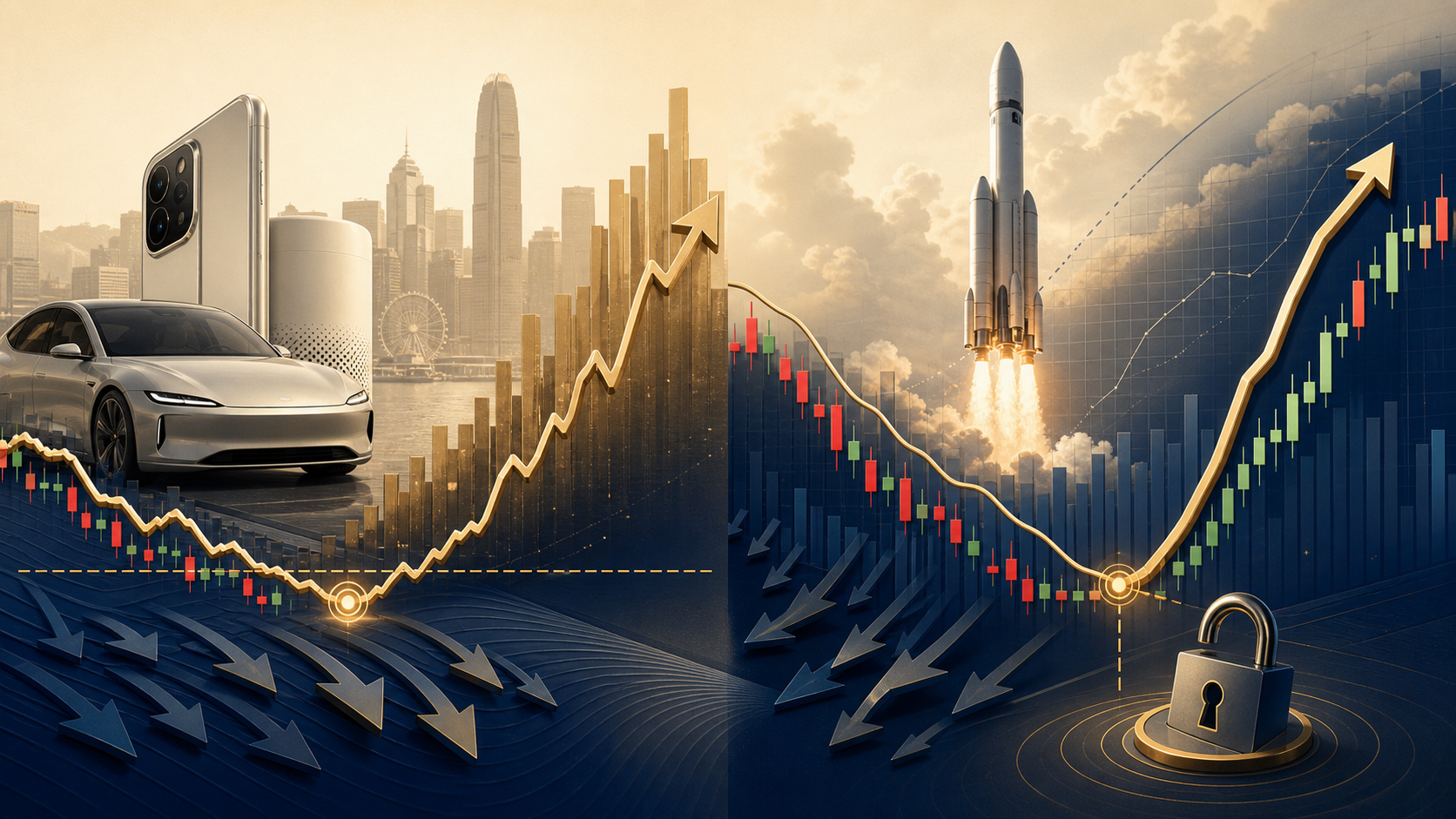 Editorial market illustration comparing Xiaomi and SpaceX short-covering rallies