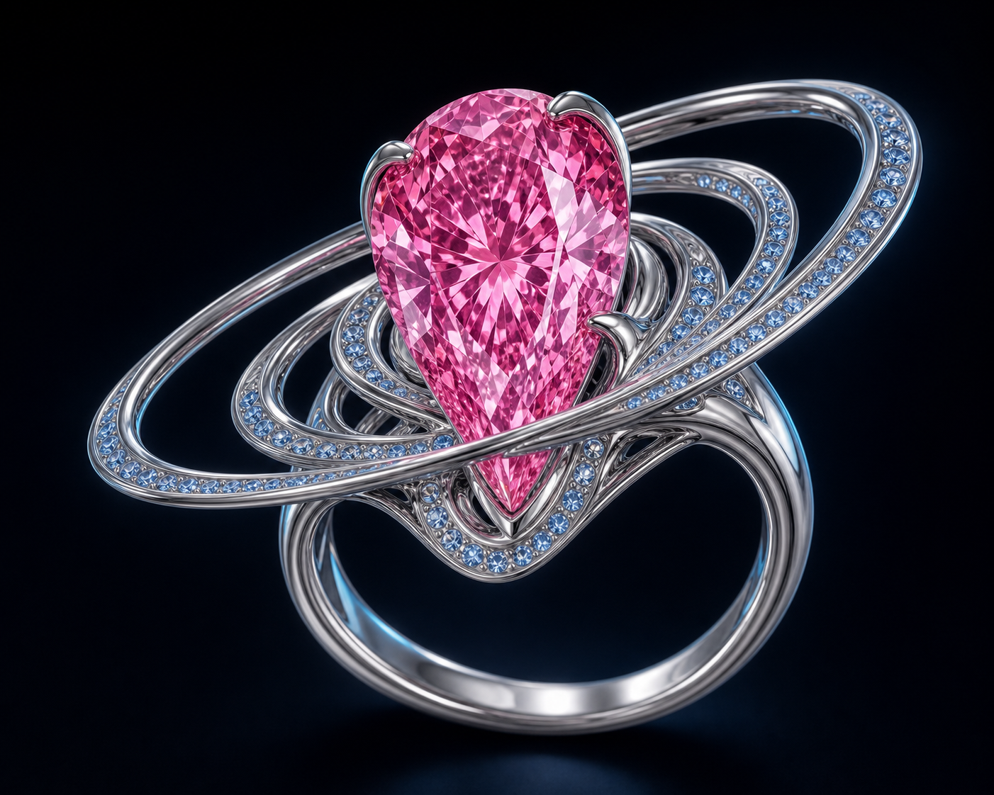 Orbit of Descent pink pear-shaped diamond ring concept
